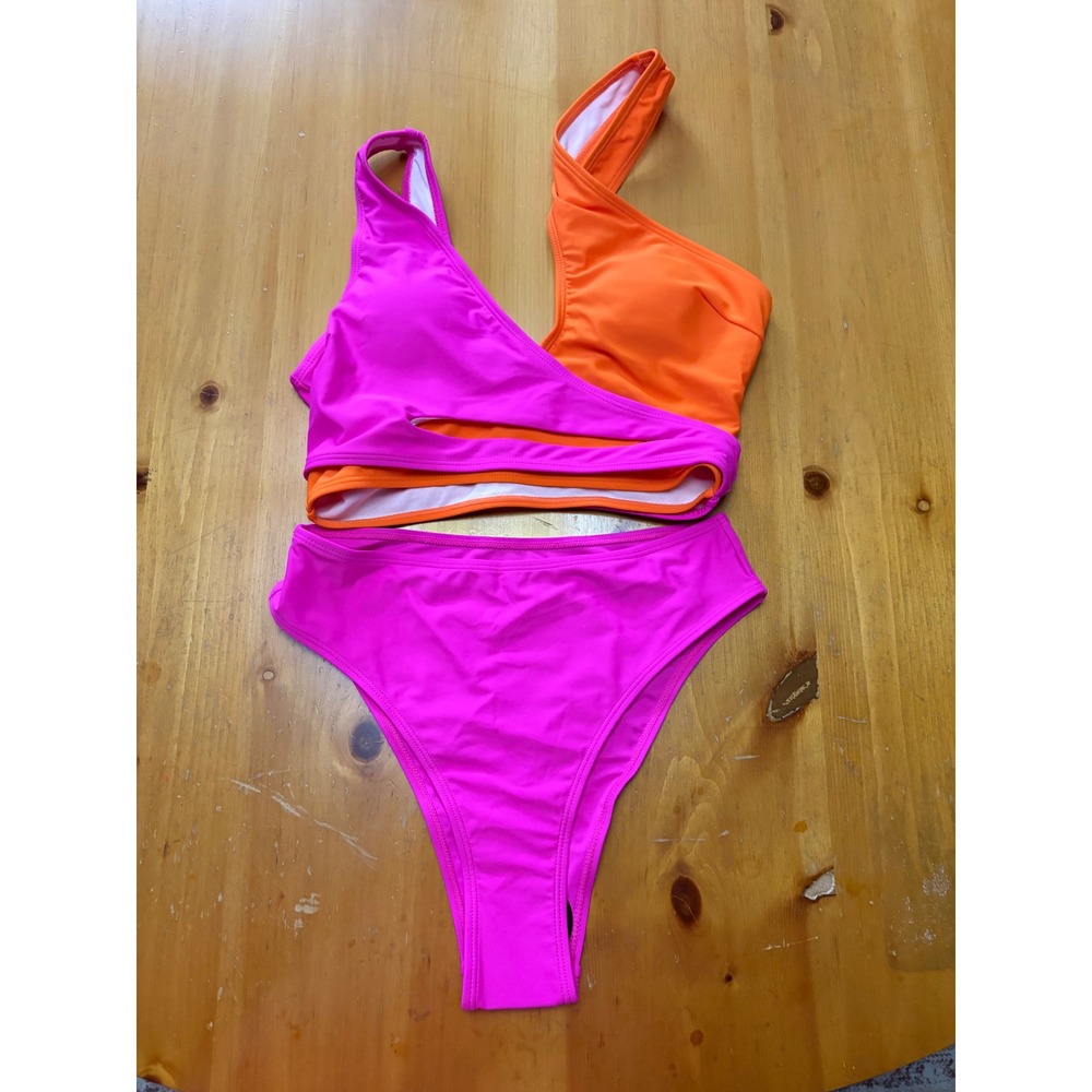 Neon Pink Orange Colorblock One Shoulder Cutout Bikini Set Highโ Waist Small